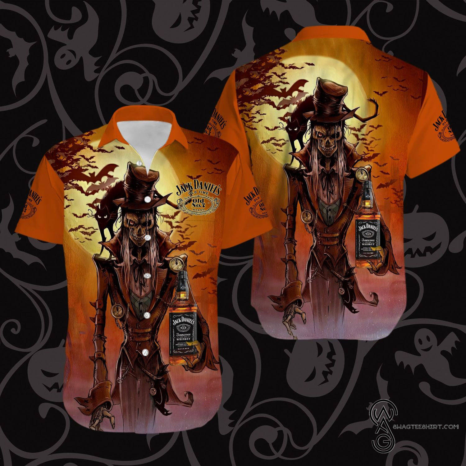 [Top Trending] Horror Sunset Skeleton Jack Daniel’s Halloween Casual Beach Full Printing Hawaiian Shirt